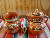 Mexican vintage pottery and ceramics, a wonderful pottery bandera-ware coffee set with a lidded coffee pot, a creamer and a sugar, Tonala or San Pedro Tlaquepaque, c. 1930's. Photo of the sugar and creamer.