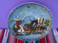 Mexican vintage pottery and ceramics, a beautiful pottery plate with a wonderful blue background glaze, resembling a watercolor wash, and magnificent artwork, attributed to the great Balbino Lucano, Tonala or San Pedro Tlaquepaque, Jalisco, c. 1930's. Main photo of the plate by Balbino Lucano.