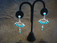 Native American Indian sterling silver jewelry, and Navajo vintage sterling silver jewelry, a stunning pair of Navajo dangling earrings, silver with beautiful turquoise (perhaps Blue Gem), Arizona or New Mexico, c. 1970's. Main photo of the pair of earrings.