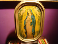 Mexican vintage devotional art, a framed print of Our Lady of Guadalupe crowned by two lovely angels, c. 1940's. Main photo of the framed print.