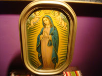 Mexican vintage devotional art, a framed print of Our Lady of Guadalupe crowned by two lovely angels, c. 1940's. Another full view of the framed print.