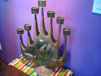 Mexican vintage tinwork art, a lovely tinwork candlelabra, singed by the artist, Gene Byram, Guanajuato, c. 1940's.  Main photo of the tinwork art candlelabra.