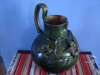 Mexican vintage pottery and ceramics, a beautiful pottery pitcher with wonderful decorations and color, Oaxaca, c. 1950. Main photo of the pitcher.