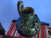 Mexican vintage pottery and ceramics, a beautiful pottery pitcher with wonderful decorations and color, Oaxaca, c. 1950. Another frontal view of the pitcher.