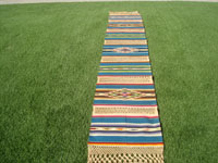 Mexican vintage textiles and Saltillo-style serapes (sarapes), a magnificent Saltillo-style serape runner, very finely woven and with lovely teneriffe (lacework) between the colorful bands of the textile, c. 1940's.  Main photo of the serape.