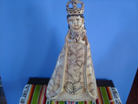 Mexican vintage devotional art, a lovely pottery statue of Our Lady of Good Health (Nuestra Senora de la Salud), patroness of the Lake Patzcuaro region, Tzintzuntzan, Michoacan, c. 1950's. Main image of Our Lady.