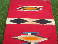 New Mexican vintage textiles and sarapes, a wonderful woven runner with beautiful colors, Chimayo, New Mexico, c. 1940. Closeup photo of a part of the Chimayo runner.
