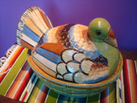 Mexican vintage pottery and ceramics, a lidded pottery casserole in the form of a nesting turkey, Tonala or San Pedro Tlaquepaque, Jalisco, c. 1940's. Main photo of the casserole.