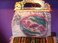 Mexican vintage folk art, a folk-art cotton/canvass bag with wonderful chenille designs and a carved wooden handle, c. 1950. Another frontal view of the bag.