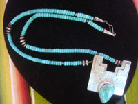 Native American Indian vintage sterling silver jewelry, and Hopi vintage sterling silver jewelry, a beautiful Hopi necklace with a sterling silver pendant depicting a Hopi tableta with butterflies and wonderful turquoise, Arizona, c. 1950's.  A full view of the Hope necklace and tableta pendant.