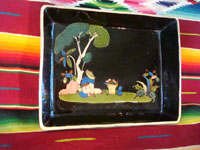 Mexican vintage pottery and ceramics, a rectangular dish with rural Mexican scene, blackware, from Tlaquepaque, Jalisco, c. 1920-30. Main photo.