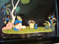 Mexican vintage pottery and ceramics, a rectangular dish, blackware, with a wonderful scene of a snoozing Mexican peasant under a tree, Tlaquepaque, c. 1930-40's.