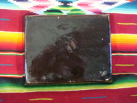 Mexican vintage pottery and ceramics, a rectangular dish, blackware, with a wonderful scene of a snoozing Mexican peasant under a tree, Tlaquepaque, c. 1930-40's. Photo showing the back of the dish.