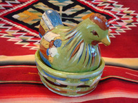 Mexican vintage pottery and ceramics, a lidded casserole dish in the shape of a wonderful nesting chicken, with a fine green background and great artwork decoration, Tlaquepaque, c. 1930-40.  Main photo of the Tlaquepaque pottery chicken casserole.