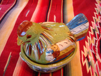 Mexican vintage pottery and ceramics, a lidded casserole dish in the shape of a wonderful nesting chicken, with a fine green background and great artwork decoration, Tlaquepaque, c. 1930-40.  Photo of the Talquepaque pottery chicken casserole, shot from above and looking down.