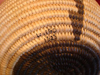 Native American Indian antique baskets, a fantastic and very finely woven Chemehuevi olla with wonderful, simple decorative elements, Needles, California or Parker, Arizona, c. 1920. Closeup photo of the hand-written code of the famous Birdie Brown collection.