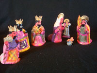 Mexican vintage folk art, and Mexican vintage devotional art, a beautiful and brightly decorated pottery nativity set, Metepec, c. 1940's. Main view of the nativity set from Metepec.