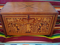 Mexican vintage folk art, and Mexican vintage woodcarvings and masks, a fabulous wooden escritorio (portable writing desk) with very fine marquetry inlay work, Oaxaca, c. 19th century. Main photo of the desk with the front cover closed.