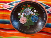 Mexican vintage folk art, and Mexican vintage woodcarvings and masks, a wonderful wood-carved batea or large plate, with fantastice floral artwork, Quiroga, Michoacan, c. 1930's. Main photo of the laquerware batea.