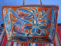 Mexican vintage pottery and ceramics, a beautiful fantasia-ware casserole dish with decorations including exotic birds and lovely floral designs, Tonala or San Pedro Tlaquepaque c. 1940's.  Main photo of the casserole.