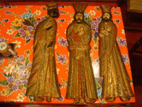 Mexican vintage devotional art and folk art, three beautifully carved wooden figures of the Three Kings or Wise Men, decorated with gesso and gold leaf, Mexico City, c. 1940's. Another frontal view of the Kings.