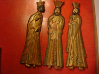 Mexican vintage devotional art and folk art, three beautifully carved wooden figures of the Three Kings or Wise Men, decorated with gesso and gold leaf, Mexico City, c. 1940's. Main photo of the Kings.