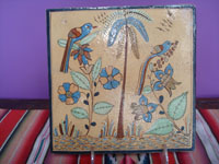 Mexican vintage folk art, and Mexican vintage pottery and ceramics, a lovely pottery tile decorated with a lovely bird and tropical foliage, San Pedro Tlaquepaque, c. 1940's. Main photo of the tile.