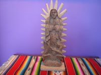 Mexican vintage devotional art, a beautiful woodcarving depicting Our Lady of Guadalupe, Michoacan, c. 1950.  Main photo of the carving.