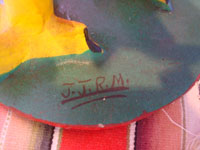 Mexican vintage folk art, and pottery and ceramics, a wonderful pottery rooster signed J.J.R.M (Juan Jose Ramos Medrano, known for his colorful, soulful ceramics), Santa Cruz de las Huertas, Jalisco, c. 1960. Phto of the base showing the artist's signature.