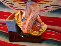 Mexican vintage pottery and ceramics, a wonderful Tejuana woman figure from Tlaquepaque, c. 1930-40's. Photo showing the back of the lovely dancing woman.