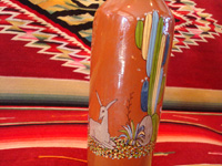 Mexican vintage pottery and ceramics, a beautiful pottery bottle with a brown (earthen-ware) background and very fine and detailed artwork, Tlaquepaque, Jalisco, c. 1930's. Another view of the artwork on the Tlaquepaque bottle.