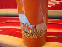 Mexican vintage pottery and ceramics, a beautiful pottery bottle with a brown (earthen-ware) background and very fine and detailed artwork, Tlaquepaque, Jalisco, c. 1930's. Closeup photo of the lovely deer decorating the Tlaquepaque bottle.