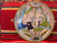 Mexican vintage pottery and ceramics, a wonderful, large charger with very lovely background glazing, Tlaquepaque, Jalisco, 1938. Main photo of the Tlaquepaque pottery charger.