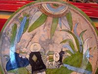 Mexican vintage pottery and ceramics, a wonderful, large charger with very lovely background glazing, Tlaquepaque, Jalisco, 1938. Another closeup photo of the front of the Tlaquepaque pottery charger.
