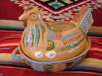 Mexican vintage pottery and ceramics, and Mexican vintage folk-art, a wonderful lidded pottery casserole in the shape of a nesting hen, Tonala or Tlaquepaque, Jalisco, c. 1930's. Main photo of the Tlaquepaque pottery lidded casserole.