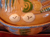 Mexican vintage pottery and ceramics, and Mexican vintage folk-art, a wonderful lidded pottery casserole in the shape of a nesting hen, Tonala or Tlaquepaque, Jalisco, c. 1930's. Photo showing two eggs beneath the nesting Tlaquepaque pottery hen.