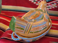 Mexican vintage pottery and ceramics, and Mexican vintage folk-art, a wonderful lidded pottery casserole in the shape of a nesting hen, Tonala or Tlaquepaque, Jalisco, c. 1930's. Photo from behind the Tlaquepaque pottery hen casserole.