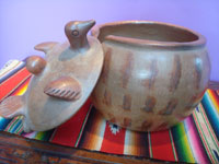 Mexican vintage pottery and ceramics, a lovely natural burnished pottery lidded bowl with a wonderful nesting dove on the lid, attributed to the great folk artist Heron Martinez, Acatlan, Puebla, c. 1950's. A photo of the pot with the lide ajar.