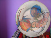 Mexican vintage pottery and ceramics, two burnished pottery plates with incredibly artwork, Tonala Jalisco, c. 1930's. Photo of the larger burnished pottery plate.