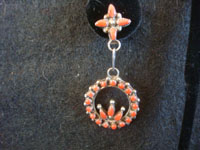 Native American Indian sterling silver jewelry, and Zuni petite-point silver jewelry earrings, a lovely pair of Zuni petite-point earrings of sterling silver and beautiful coral, chanddelier-style, Zuni Pueblo, New Mexico, c. 1940's. Closeup photo of one earring.