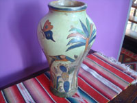 Mexican vintage pottery and cramics, a beautiful pottery vase decorated with lovely flowers, San Pedro Tlaquepaque, c. 1930's. Another side view of the vase showing a beautiful palm tree.