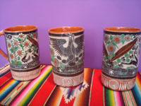 Mexican vintage pottery and ceramics, a set of three pottery petatillo (background of fine cross-hatching resembling a straw mat or petate, in Spanish) chocolate cups, with fabulous artwork, signed by the great Jose Bernabe, Tonala or San Pedro Tlaquepaque, c. 1930's. Main photo of the three cups.