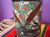 Mexican vintage pottery and ceramics, a set of three pottery petatillo (background of fine cross-hatching resembling a straw mat or petate, in Spanish) chocolate cups, with fabulous artwork, signed by the great Jose Bernabe, Tonala or San Pedro Tlaquepaque, c. 1930's. Closeup photo of another cup showing the fine floral decorations.