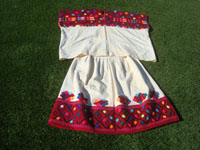 Mexican vintage textiles and ethnic clothing, a stunning woman's costume (blouse and skirt) with beautiful embroidery-work on fine cotton cloth, Tenajapa, Chiapas, c. 1950's. Main photo of the costume.