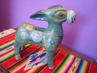 Mexican vintage pottery and ceramics, a wonderful burnished pottery donkey with fine artwork decorations, Tonala, Jalisco, c. 1940's.  Main photo of the donkey.