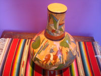 Mexican vintage pottery and ceramics, a lovely pottery water jar with a drinking cup on the top, Tonala or San Pedro Tlaquepaque, c. 1940. Main photo of the jar showing the horseback rider.