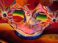 Mexican vintage pottery and ceramics, a wonderful and brightly decorated tree of life from Izucar de Matamoros, c. 1950's.  Another closeup photo showing the bird near the base of the pottery tree of life.
