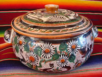 Mexican vintage pottery and folk art, a lovely petatillo casserole with lid, Tonala, Jalisco, c. 1950-60, by famed artist Jose Bernabe. The casserole features wonderful and very intricate floral and zoomorphic figures. Main photo of the casserole.