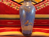 Mexican vintage pottery and ceramics, a beautiful Tonala burnished vase or large jar with a blue background and a "starry-night" background-design, Tonala, Jalisco, c. 1930. Main photo of the vase.