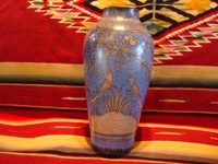 Mexican vintage pottery and ceramics, a beautiful Tonala burnished vase or large jar with a blue background and a "starry-night" background-design, Tonala, Jalisco, c. 1930. Another side-view of the Tonala pottery vase.
